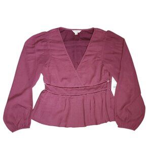Lucky Brand Top Womens Size XS‎ Burgundy Pleated Long Sleeve V Neck Boho NWT New